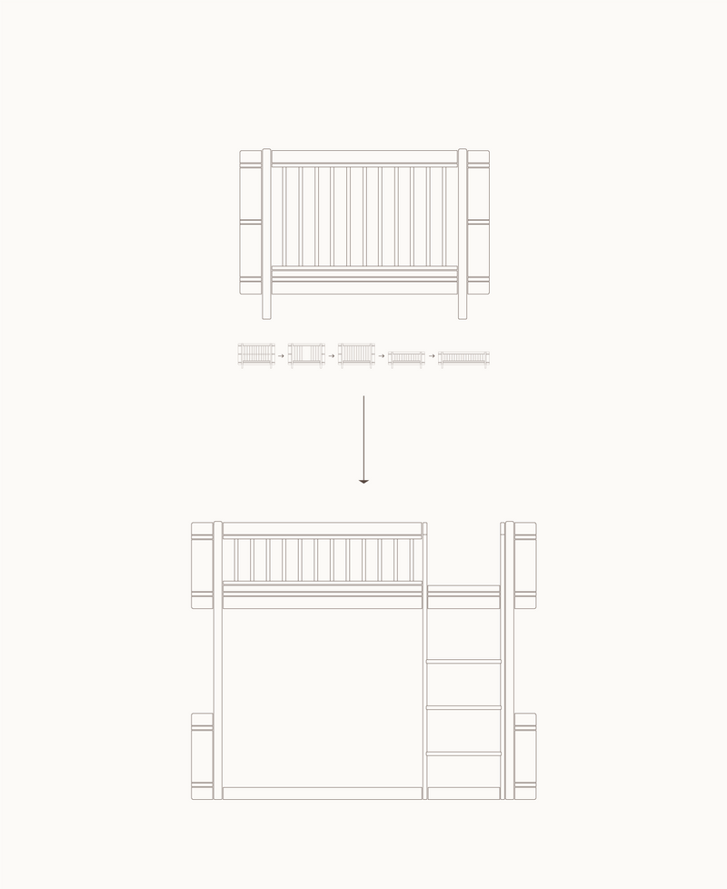 Mini+ cot bed incl. junior kit to low loft bed, oak