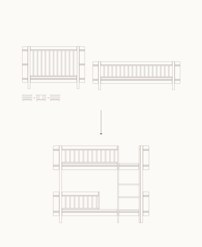 Mini+ cot bed & Mini+ junior bed to low bunk bed, white