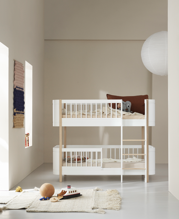 Mini+ cot bed & Mini+ junior bed to low bunk bed, white/oak