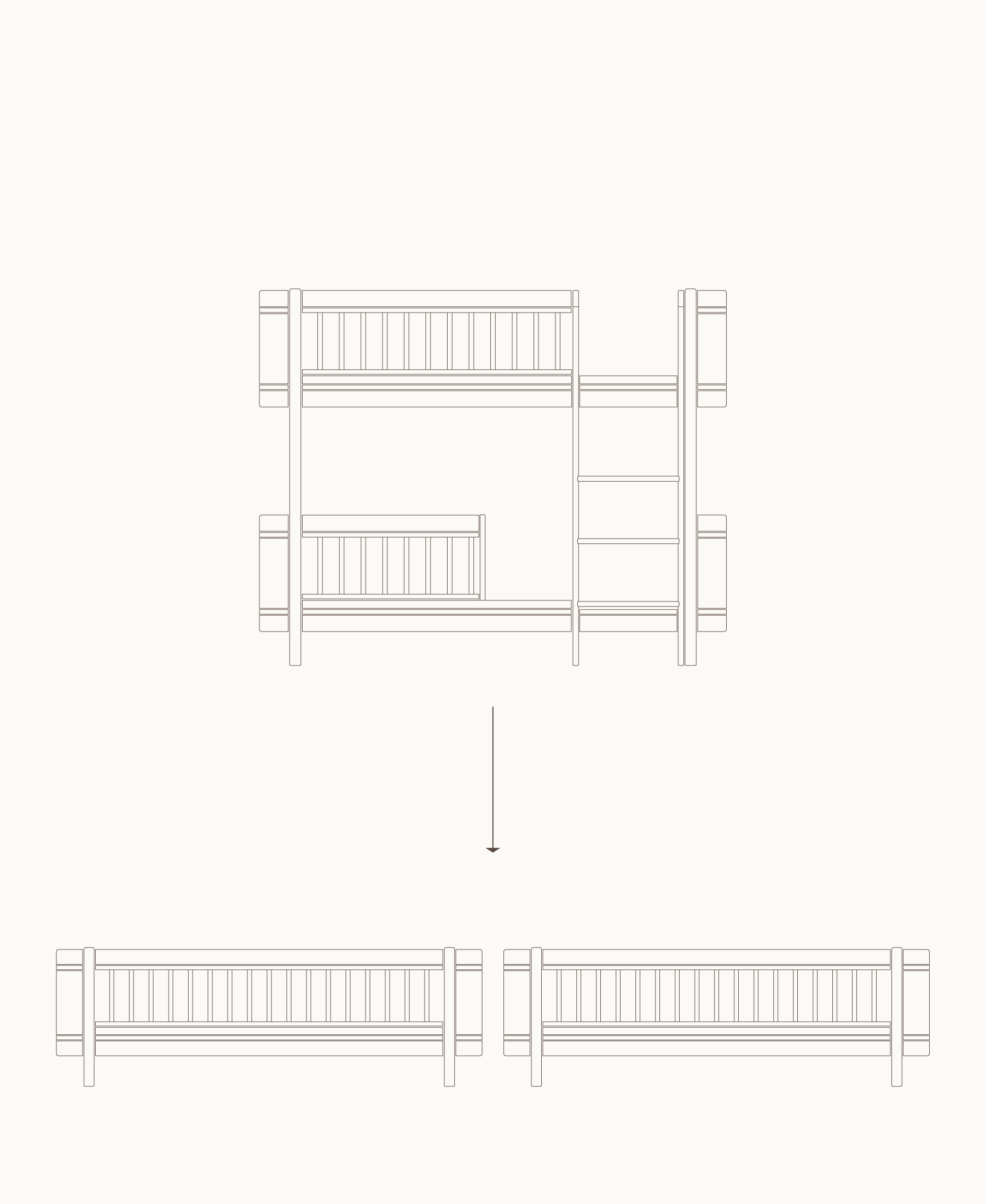 Mini+ low bunk bed to 2 junior beds, oak