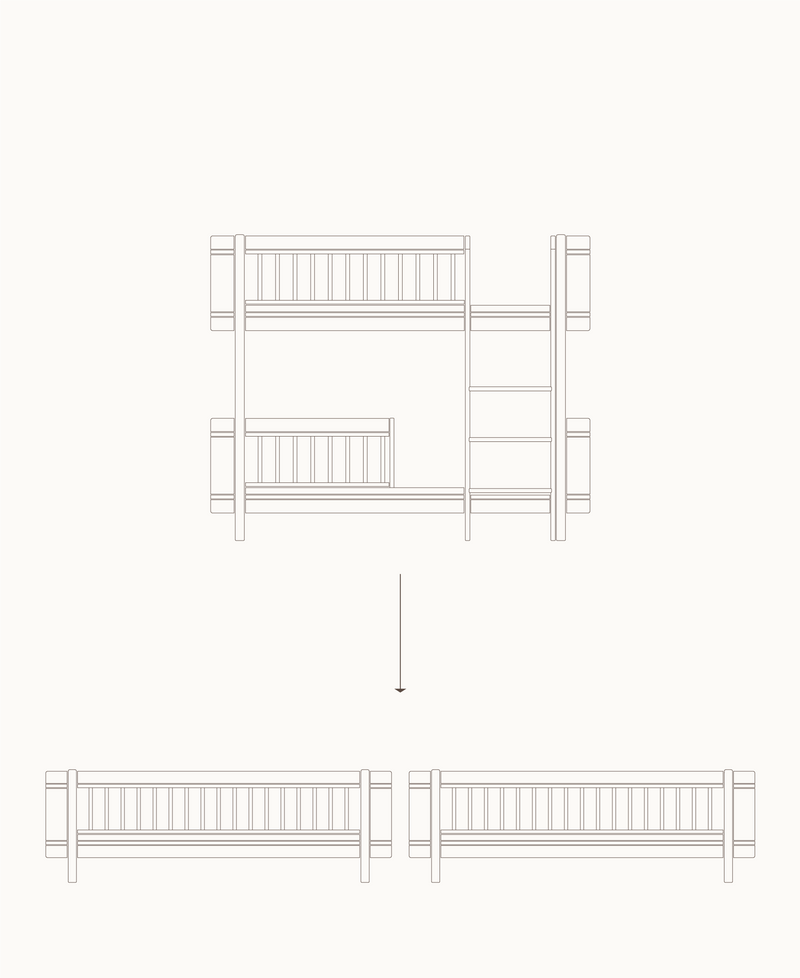Mini+ low bunk bed to 2 junior beds, white/oak