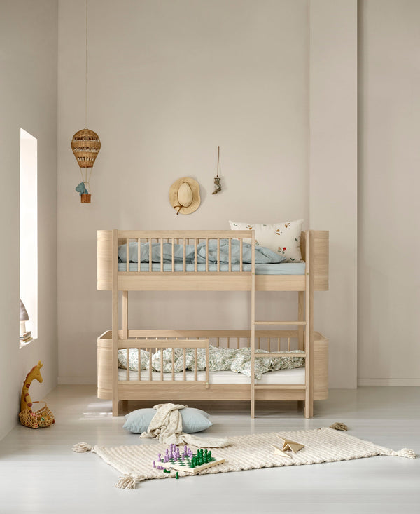 Mini+ cot bed & Mini+ junior bed to low bunk bed, oak